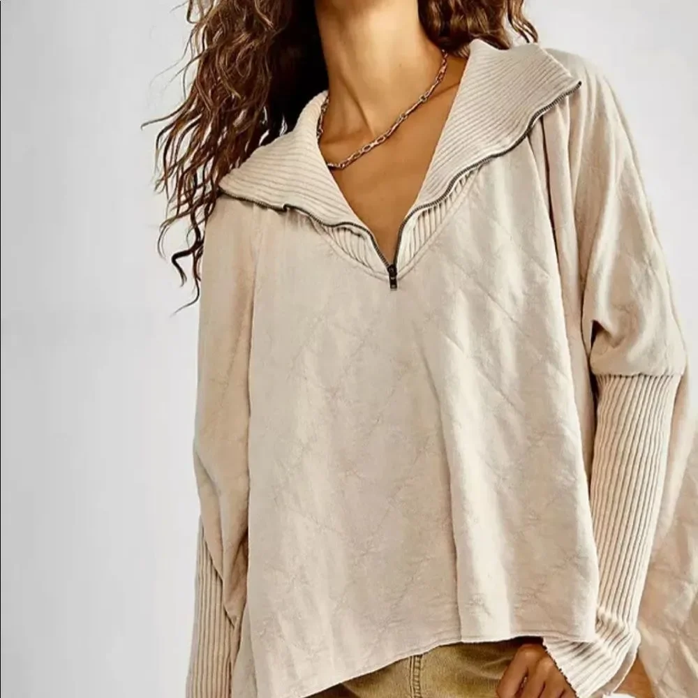 Free People Shiloh Quilted Sweatshirt Pullover Zip Swing Hi Lo Sand Tan - Picture 1 of 5